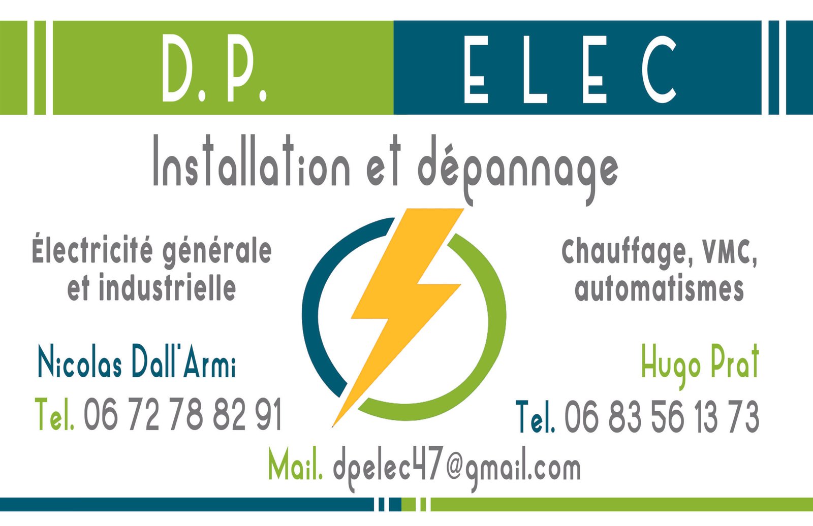 carte de visite text logo DP ELEC plus DPELEC RGE